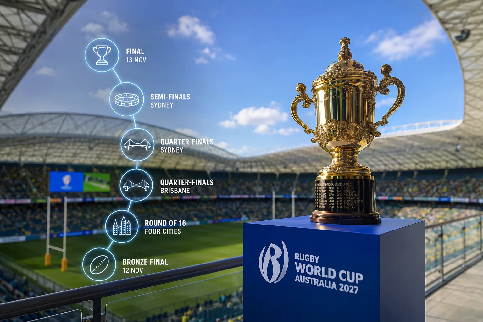 Rugby World Cup 2027 knockout stages infographic showing the route from the Round of 16 and quarter-finals to the Sydney semi-finals and final.