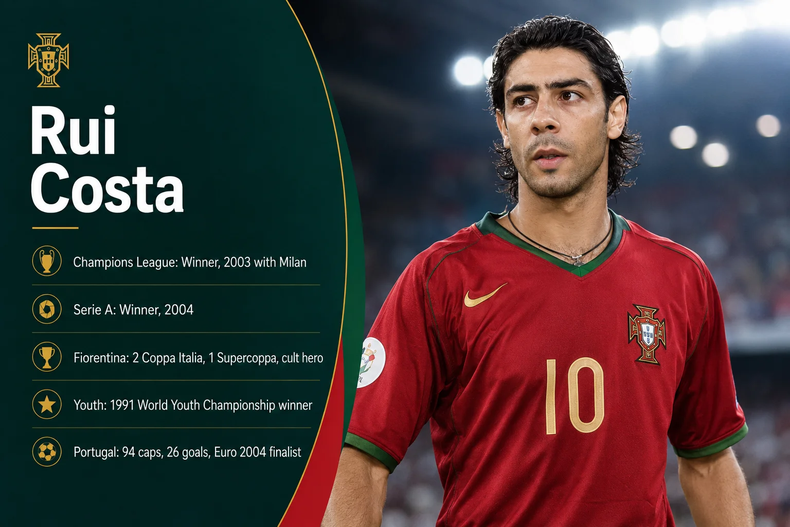 A legacy profile card titled "Rui Costa" captures the masterful Portuguese playmaker smiling warmly in his red national kit. The background incorporates a dark crimson design accented by a glowing gold emblem. Underneath his name, his definitive international career metrics are detailed: "94 Caps" for his creative midfield displays, "26 Goals" scored for his country, and "Golden Generation" celebrating his role as a key orchestrator of Portugal's revered era of football talent.