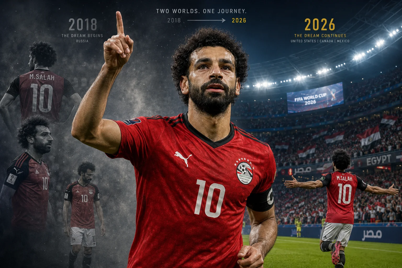 بورتريه درامي مقرب للمهاجم المصري محمد صلاح. ينظر إلى الجانب بتعبير مكثف وعاطفي مقابل خلفية داكنة ومزاجية. يرتدي الزي الوطني الأحمر لمصر مع تفاصيل سوداء وبيضاء، والعرق واضح على وجهه تحت أضواء الملعب الدرامية.