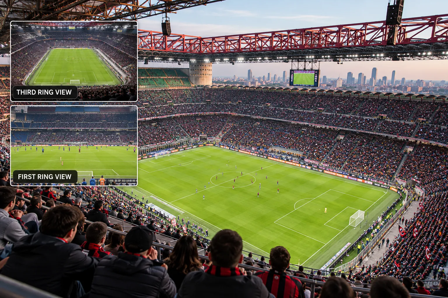 View of the pitch from high stadium seating, with inset photos comparing sightlines from the Third Ring and First Ring levels.