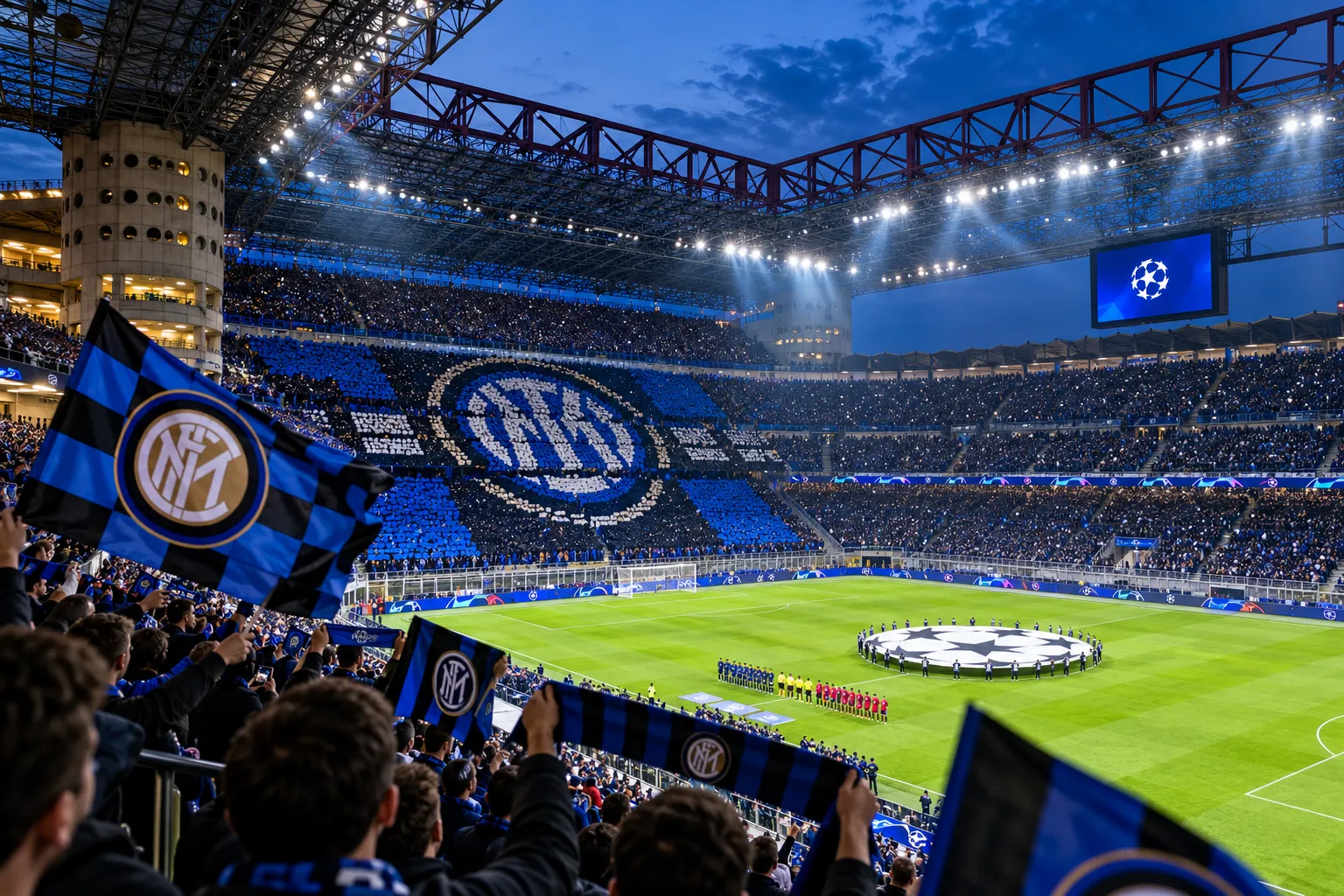 Inter Milan fans waving blue-and-black flags in front of a large team emblem tifo during a UEFA Champions League pre-match ceremony.