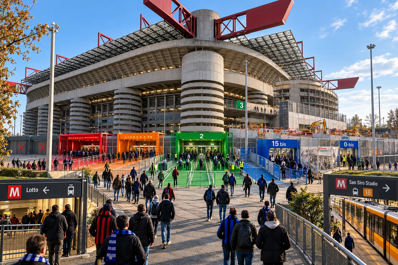 Crowds of fans walking toward color-coded entrance gates at San Siro stadium, with metro station exit signs visible in the foreground.