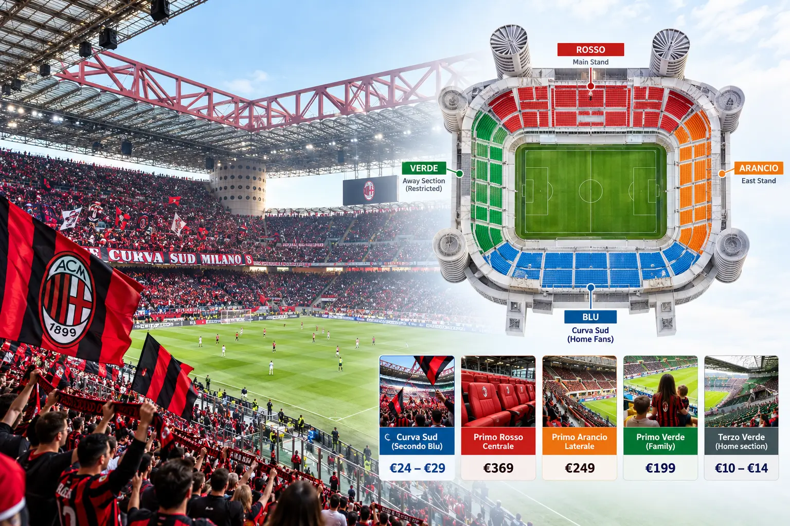 Detailed AC Milan stadium seating diagram highlighting sections like Curva Sud, Rosso, Arancio, and Verde, along with ticket price estimates.
