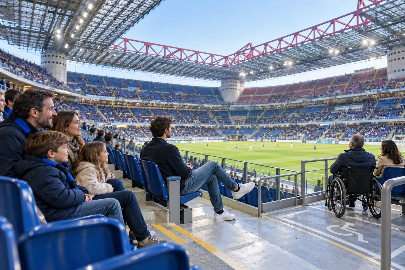 Accessible seating area at San Siro stadium showing fans, including a family and a person using a wheelchair, enjoying a view of the pitch.