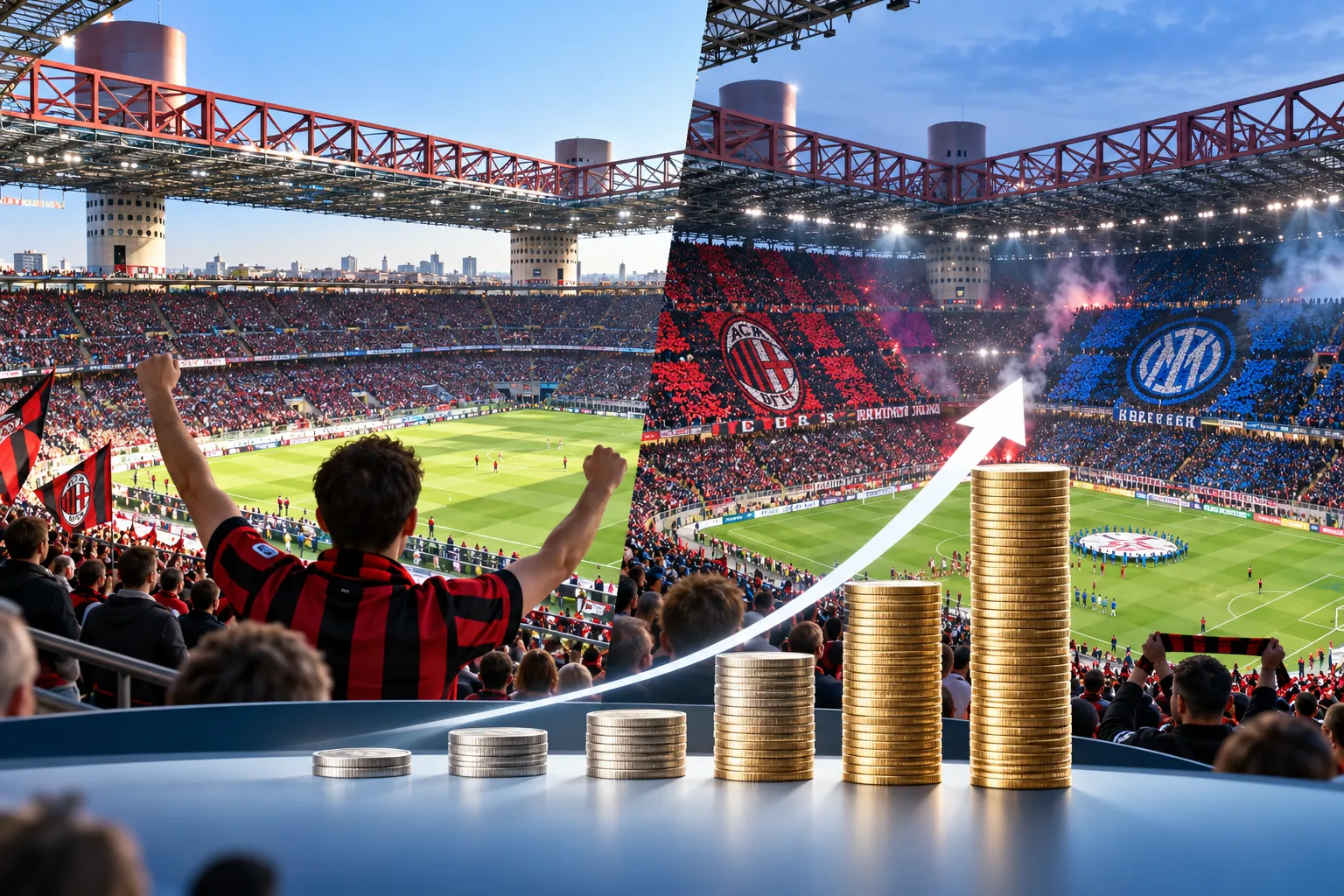 Split image comparing a fan celebrating at a stadium match on the left with a packed stadium displaying stacked coins and an upward arrow indicating rising ticket costs on the right.