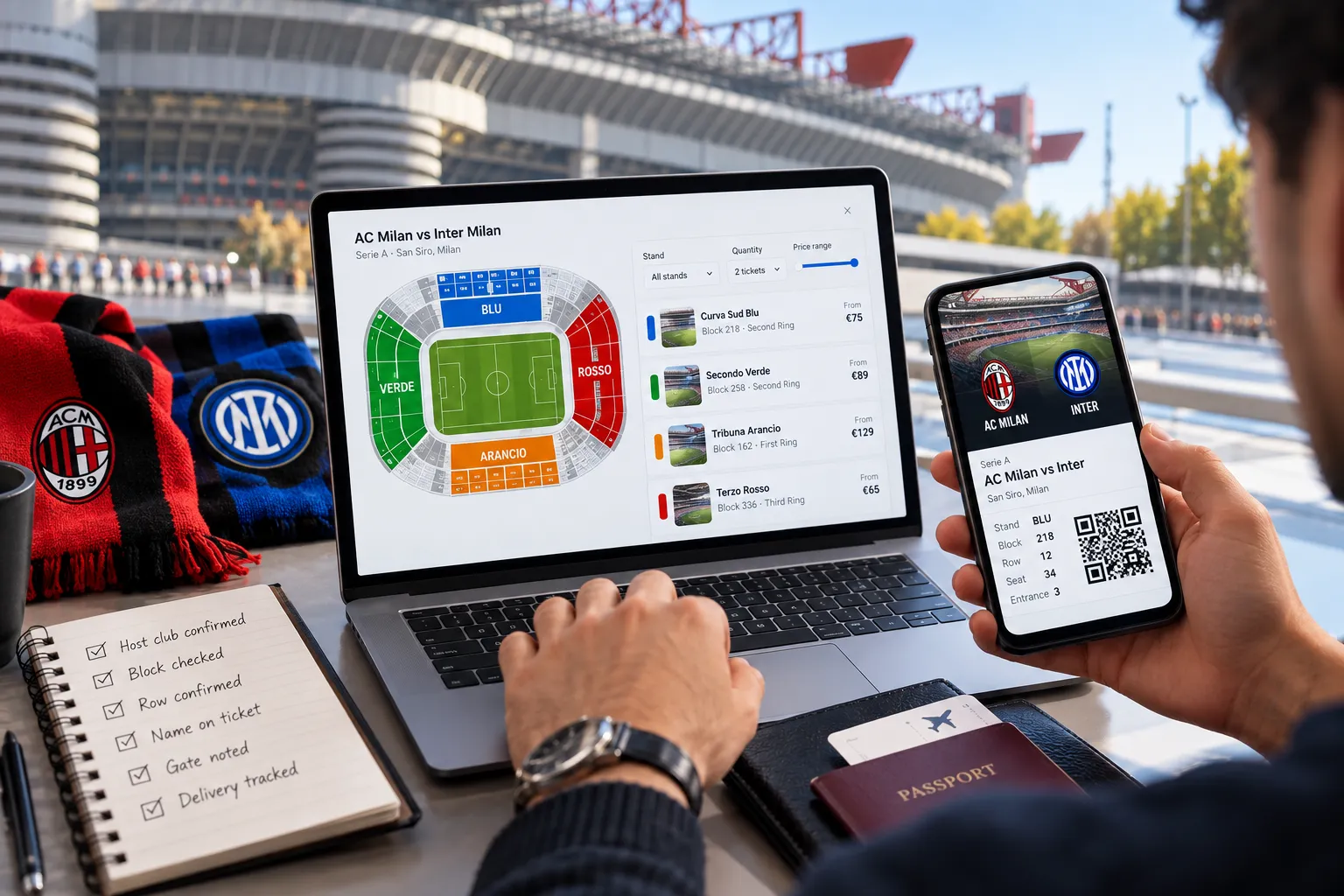 Desk setup showing a laptop displaying an AC Milan vs Inter Milan ticket selection page, a smartphone showing a digital match ticket QR code, a checklist notebook, and a passport.