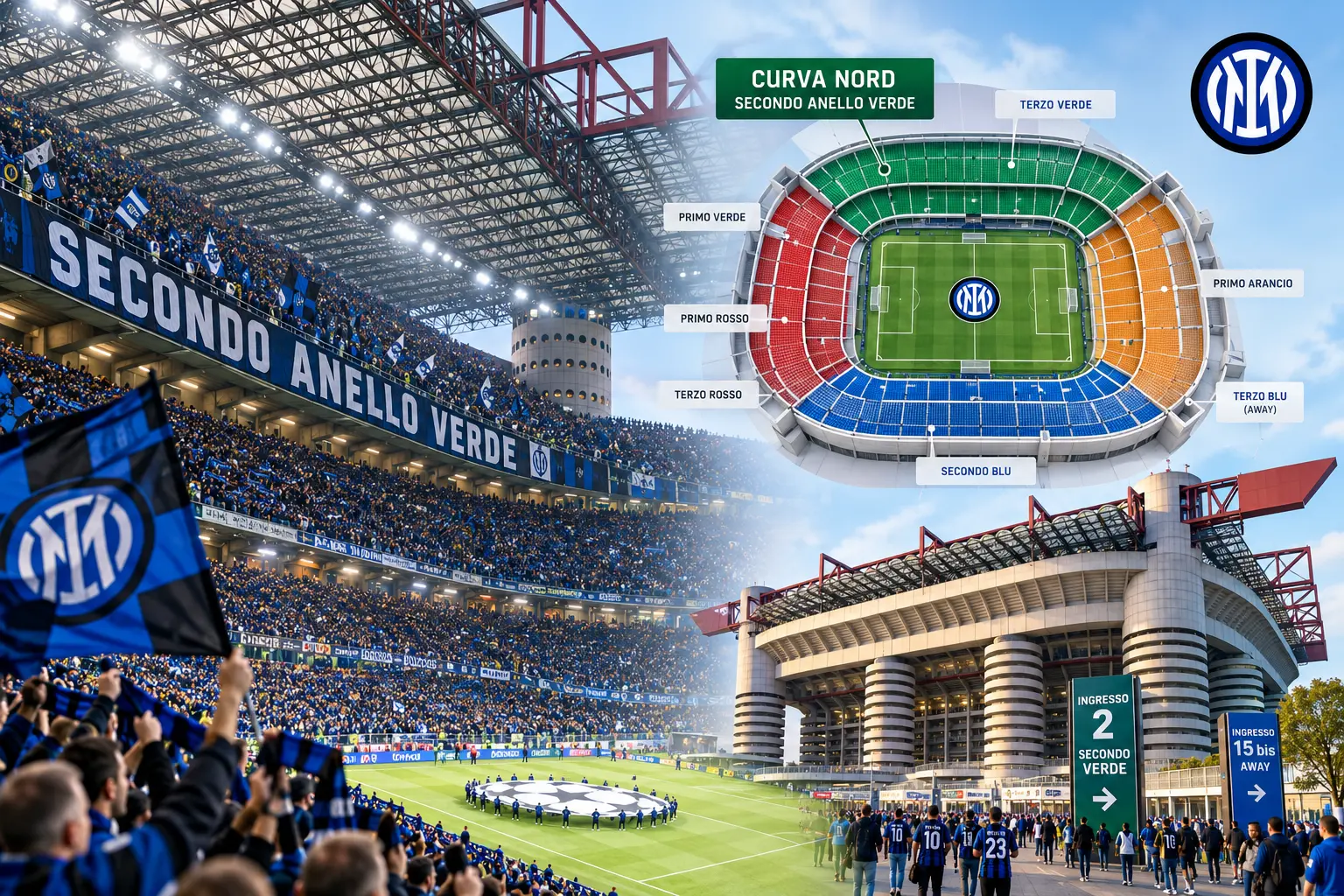 Infographic of San Siro stadium highlighting Inter Milan's seating layout, entry gates, and the Curva Nord section alongside packed fan stands.