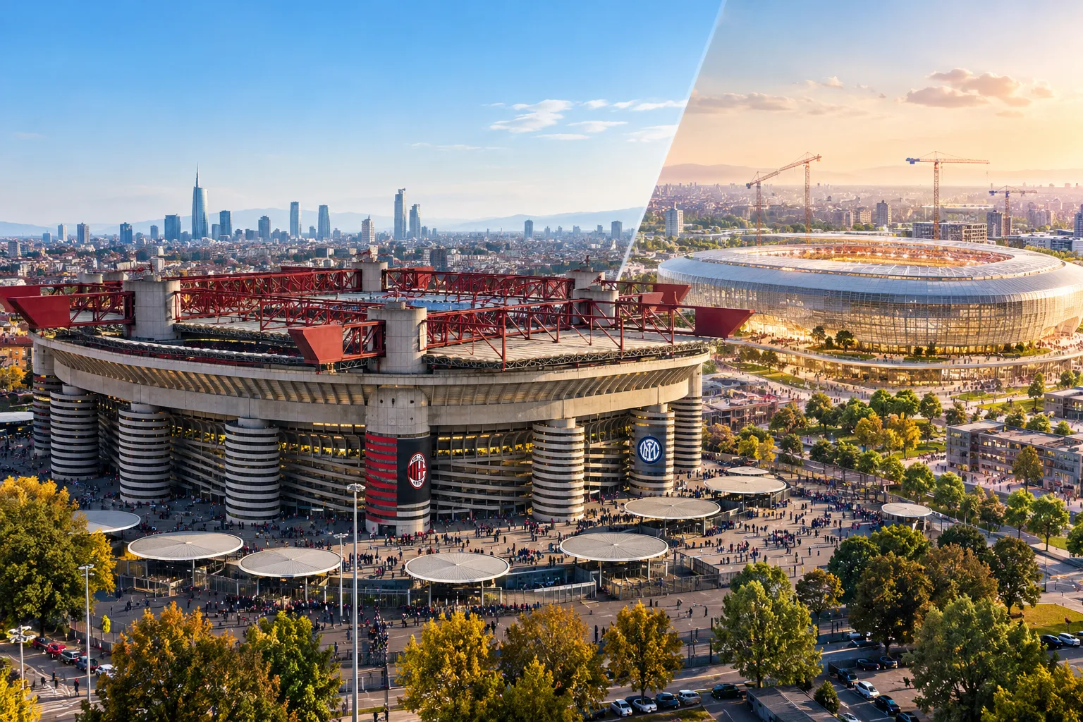 Split aerial view comparing the iconic current San Siro stadium in Milan on the left with a modern proposed replacement stadium under construction on the right.