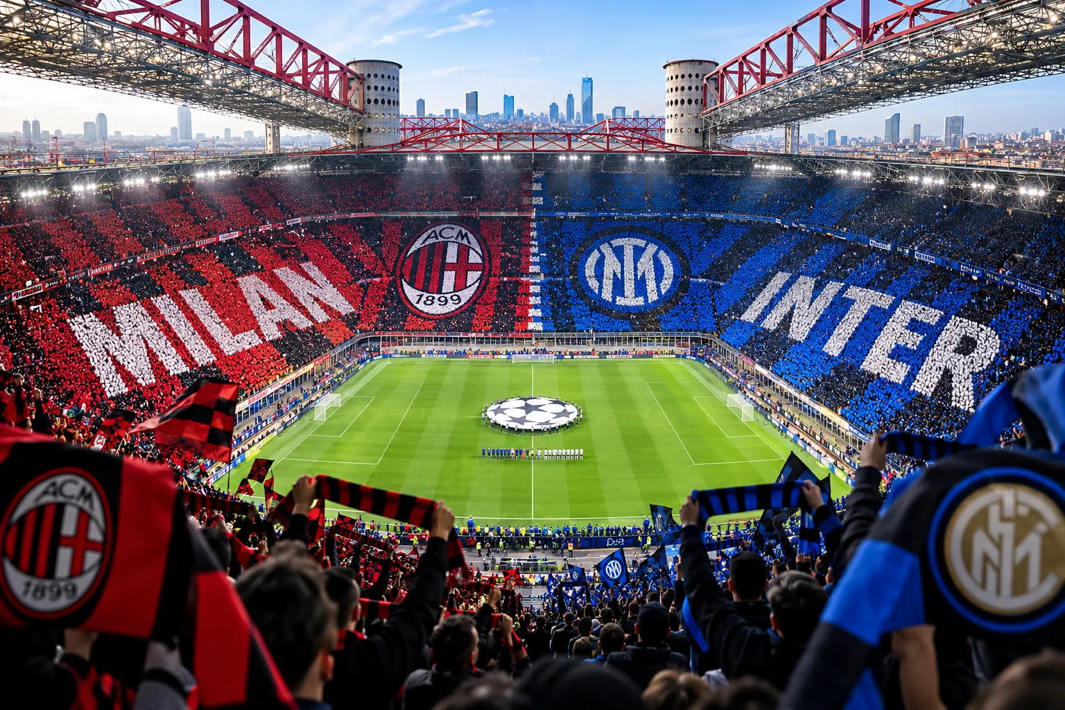 Wide-angle view inside San Siro stadium during a Milan derby, featuring red-and-black AC Milan tifo displays on the left and blue-and-black Inter Milan tifo displays on the right.