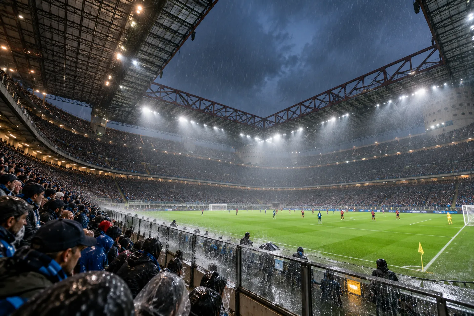 Perspective from pitch-side seating during a heavy rainstorm at San Siro stadium under lit floodlights.