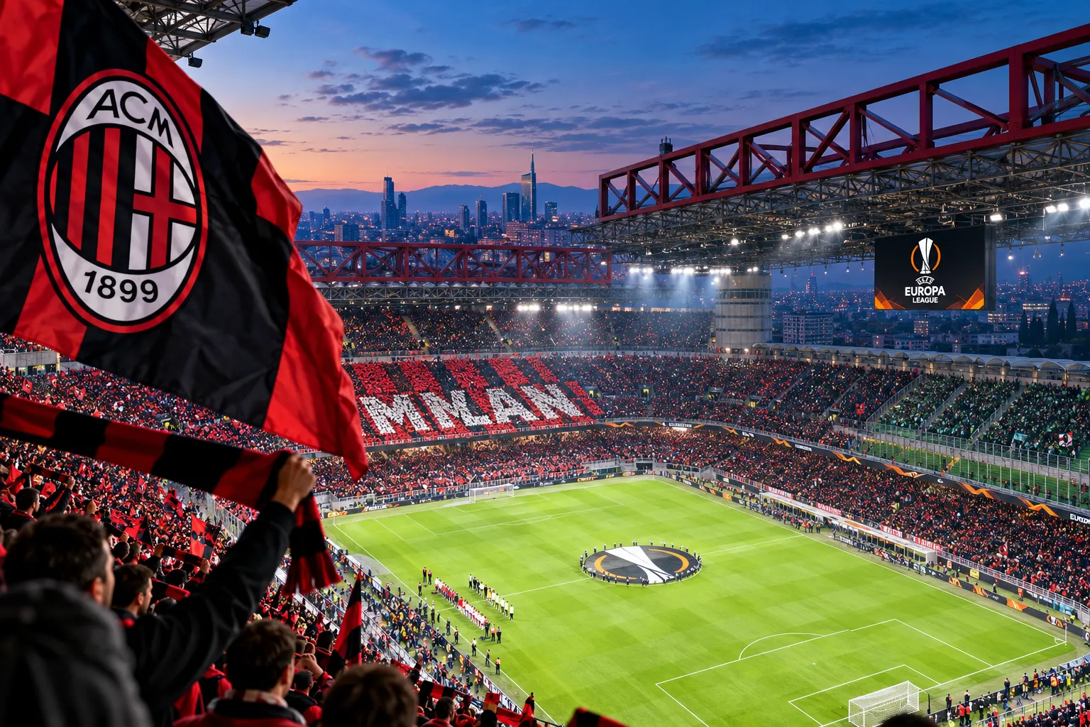 AC Milan fans holding up team flags and scarves in front of a massive red-and-white tifo during a UEFA Europa League match.
