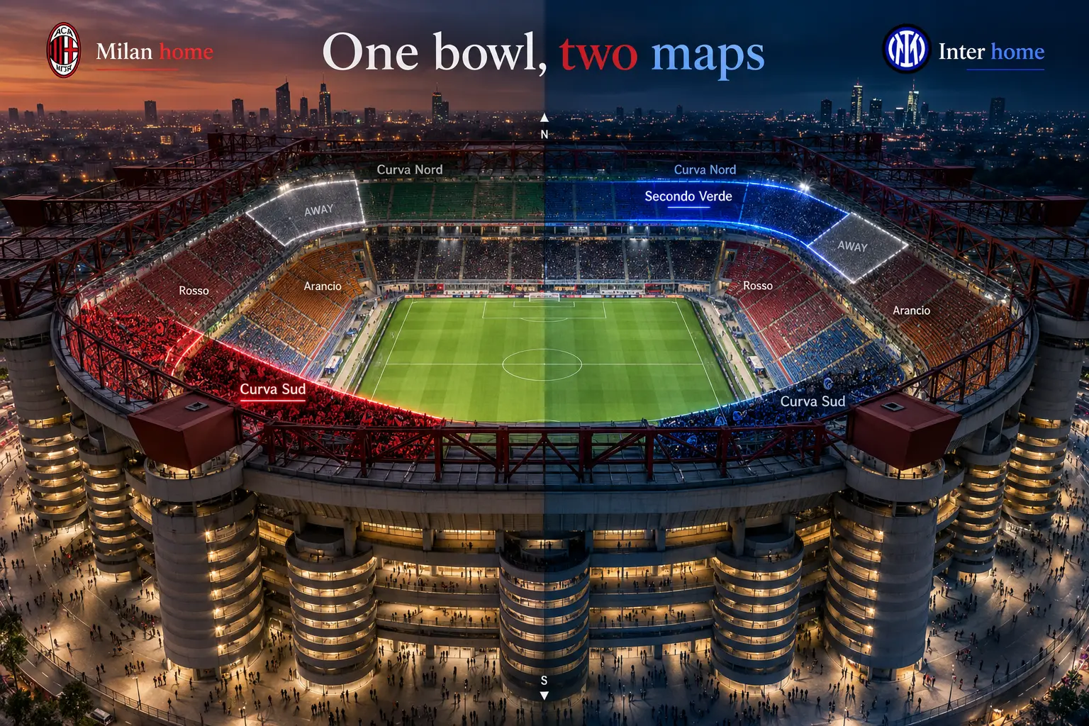 Split aerial view of San Siro stadium comparing home and away seating layouts for AC Milan and Inter Milan.