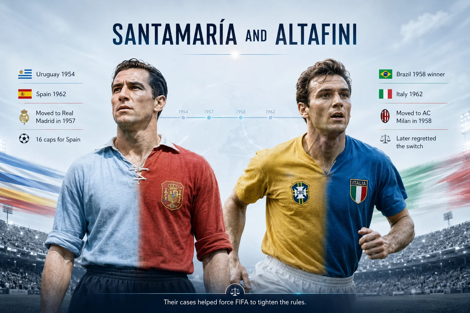 A retro historical infographic titled "Dual-Nation Legends: Santamaría & Altafini" highlights two iconic players from the era before strict nationality caps. On the left, a black-and-white portrait showcases José Santamaría, who represented both Uruguay at the 1954 World Cup and Spain at the 1962 World Cup. On the right, another black-and-white photo shows José Altafini, known as "Mazzola," who won the 1958 World Cup with Brazil before switching to represent Italy at the 1962 tournament.