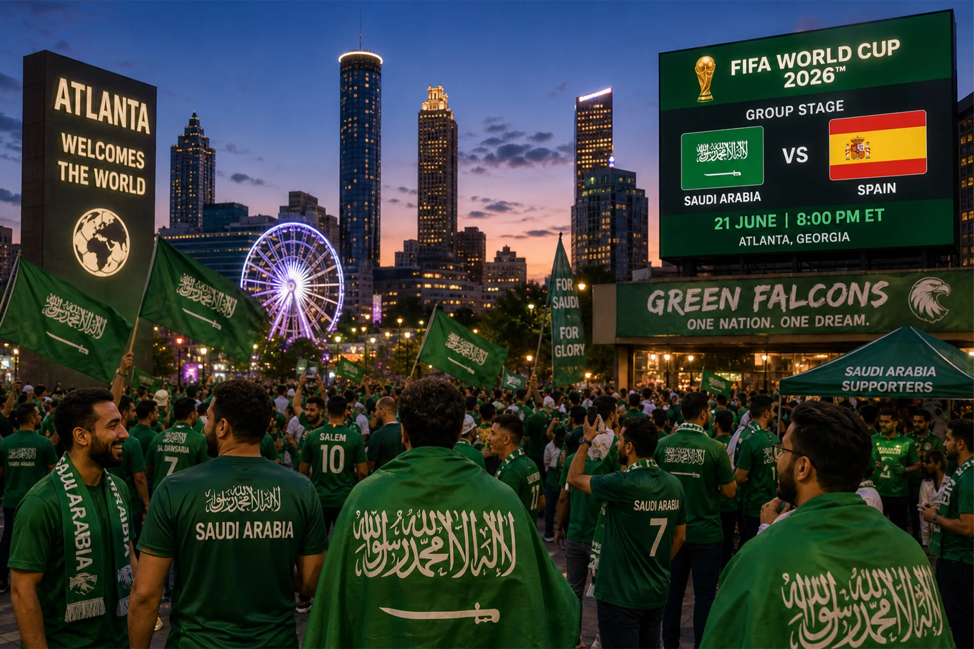 مشجعو المملكة العربية السعودية في أتلانتا قبل مباراة المجموعة في كأس العالم 2026 بين المملكة العربية السعودية وإسبانيا.