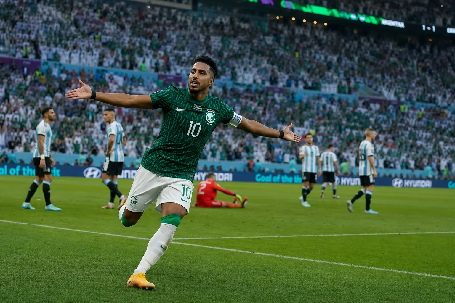لاعب المنتخب السعودي سالم الدوسري (الرقم 10) يحتفل في الملعب خلال مباراة ضد الأرجنتين. يجري عبر العشب مع ذراعيه ممدودتين، مبتسمًا على نطاق واسع، مرتديًا قميصًا داكنًا مزخرفًا وشورتات بيضاء. في الخلفية، يقف عدة لاعبين أرجنتينيين محبطين في قمصان بيضاء وزرقاء فاتحة، بينما يجلس حارس مرمى على العشب بجانب المرمى. المدرجات مليئة بجمهور كبير يلوح بالأعلام.