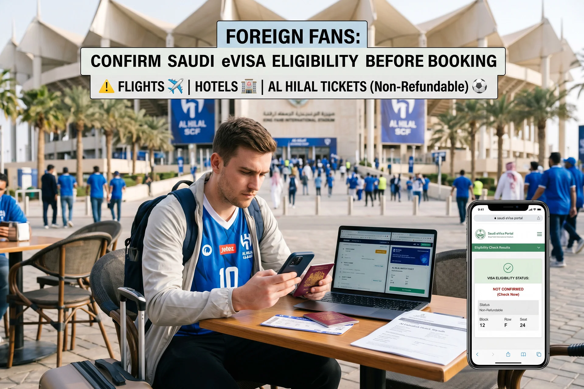 مشجع دولي للهلال يتحقق من أهلية التأشيرة الإلكترونية السعودية قبل حجز الرحلات، الفندق وتذاكر المباراة.