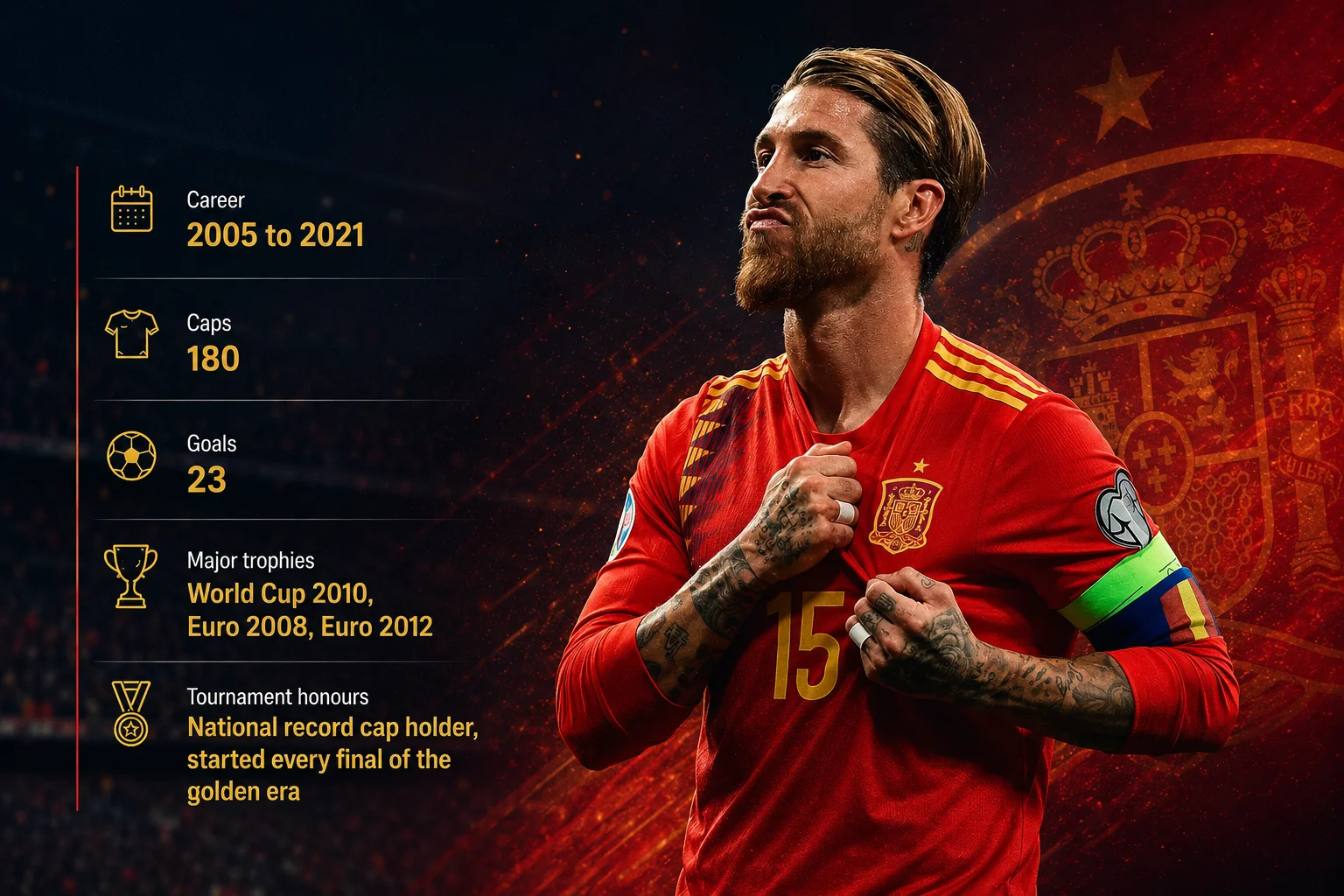 A profile card titled "Sergio Ramos" showcases the fierce Spanish defender shouting passionately in celebration while wearing the national team kit. The graphic uses a clean red and navy layout with gold-bordered accents. His extensive career metrics are detailed at the bottom panel: "180 Caps" highlighting his status as Spain's all-time appearance leader, "23 Goals" representing an impressive scoring record for a defender, and "1x World Cup / 2x Euro" commemorating his central role in the golden era.
