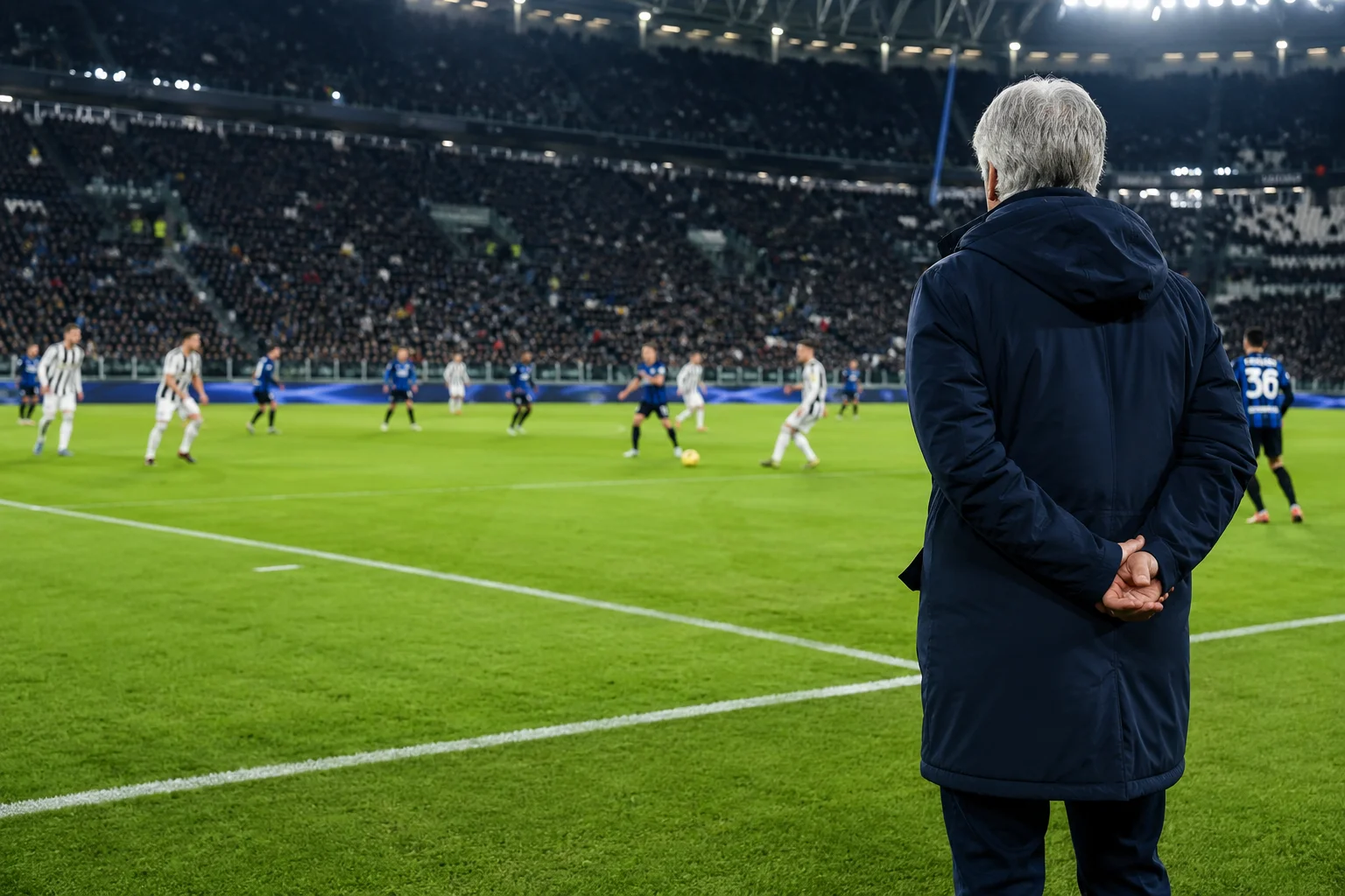 Shows a manager observing a tactical match action from the touchline during a Serie A clash between Juventus and Inter Milan.