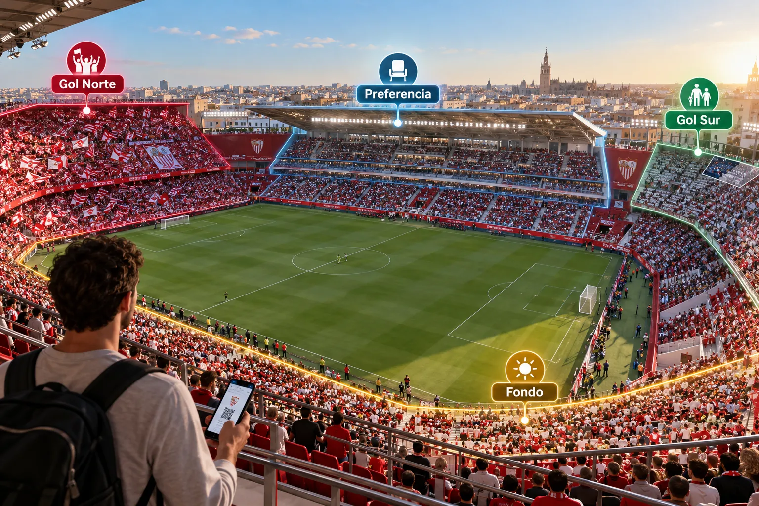 عرض واسع لملعب رامون سانشيز-بيزخوان يبرز أربع مناطق رئيسية من المدرجات - Gol Norte وPreferencia وGol Sur وFondo - مع متفرج يحمل تذكرة محمولة في المقدمة.