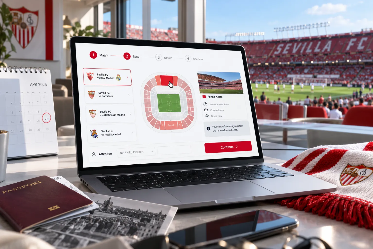 كمبيوتر محمول على مكتب يظهر شاشة دفع تذاكر عبر الانترنت لمباراة إشبيلية FC بجانب جواز سفر وخلفية للملعب.