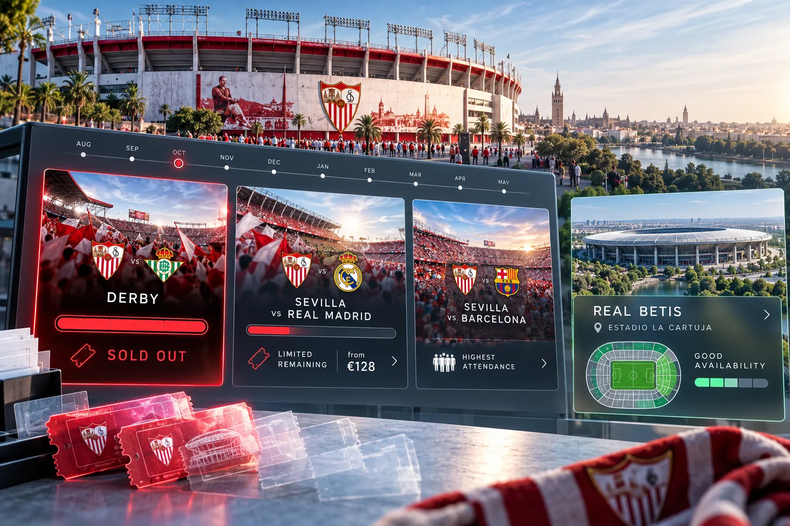 خلفية ملعب توضح مستويات توفر التذاكر لمباريات إشبيلية FC، بما في ذلك الديربيات المبائعة ومباريات الليغا.