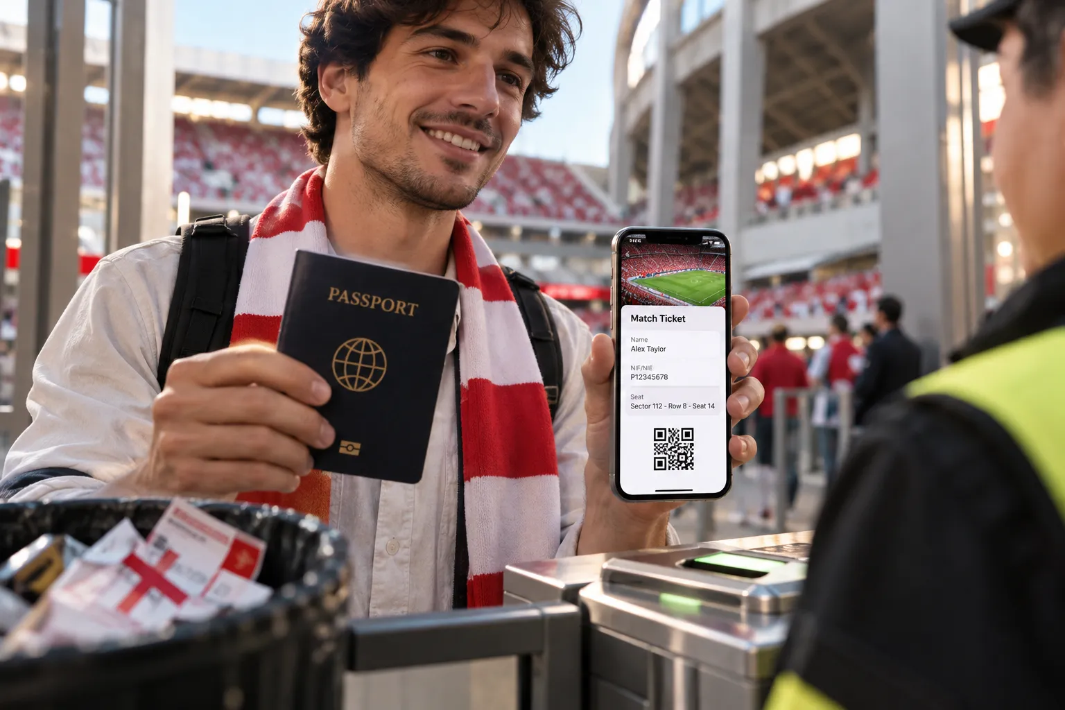 مشجع يقدم تذكرة مباراة رقمية عبر الهاتف مع رمز QR وهويته الشخصية عند بوابة الملعب.