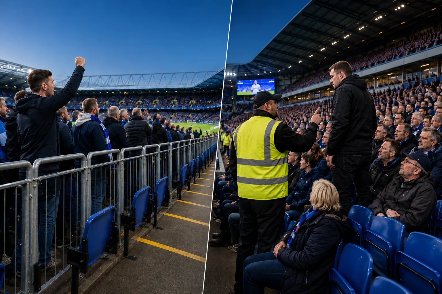 A matchday guide infographic titled "Sit & Stand Sections: know your area" explains the seating dynamics of modern football venues. It features a split background showing a packed, active fan section on the left and a more relaxed seating area on the right. Two main columns outline the expectations for different areas. The left column, "Safe Standing / Terrace Areas," notes that these sections are dedicated to singing, jumping, and continuous standing, where persistent standing is completely permitted. The right column, "Seated / Family Sections," explains that these areas are strictly for sitting down to ensure clear sightlines, emphasizing that fans must stay seated and respect those behind them, with persistent standing potentially leading to stewards intervening.
