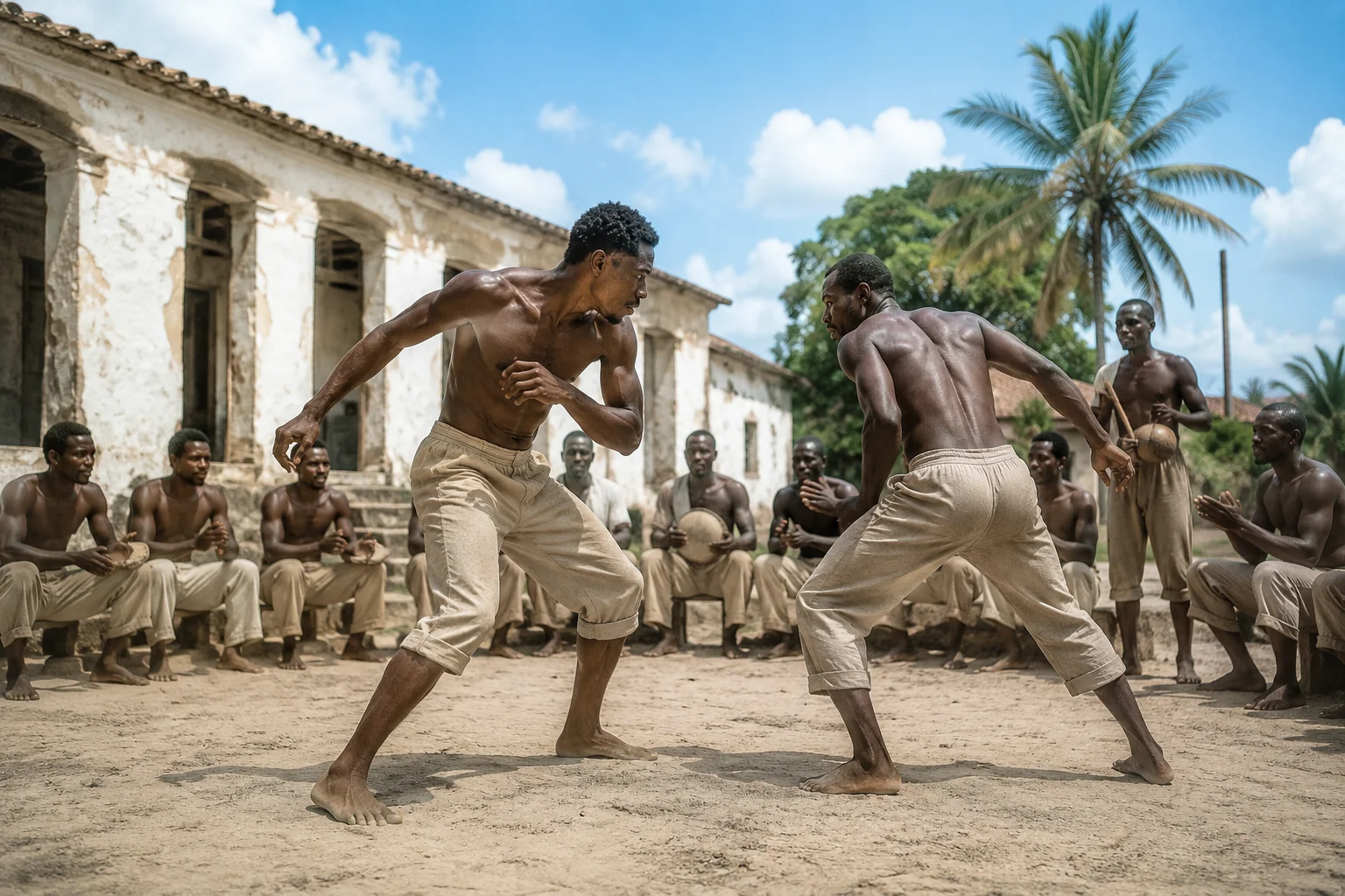 A group of shirtless Afro-Brazilian men in light-colored trousers are gathered outdoors in a dirt courtyard in front of a weathered, historic white building. In the center, two muscular men face each other in dynamic, crouched martial arts stances, demonstrating the rhythmic, fluid movements of Capoeira. The surrounding men sit in a semi-circle, clapping along and playing traditional percussion instruments like tambourines and a berimbau under a partly cloudy sky with a palm tree in the background.