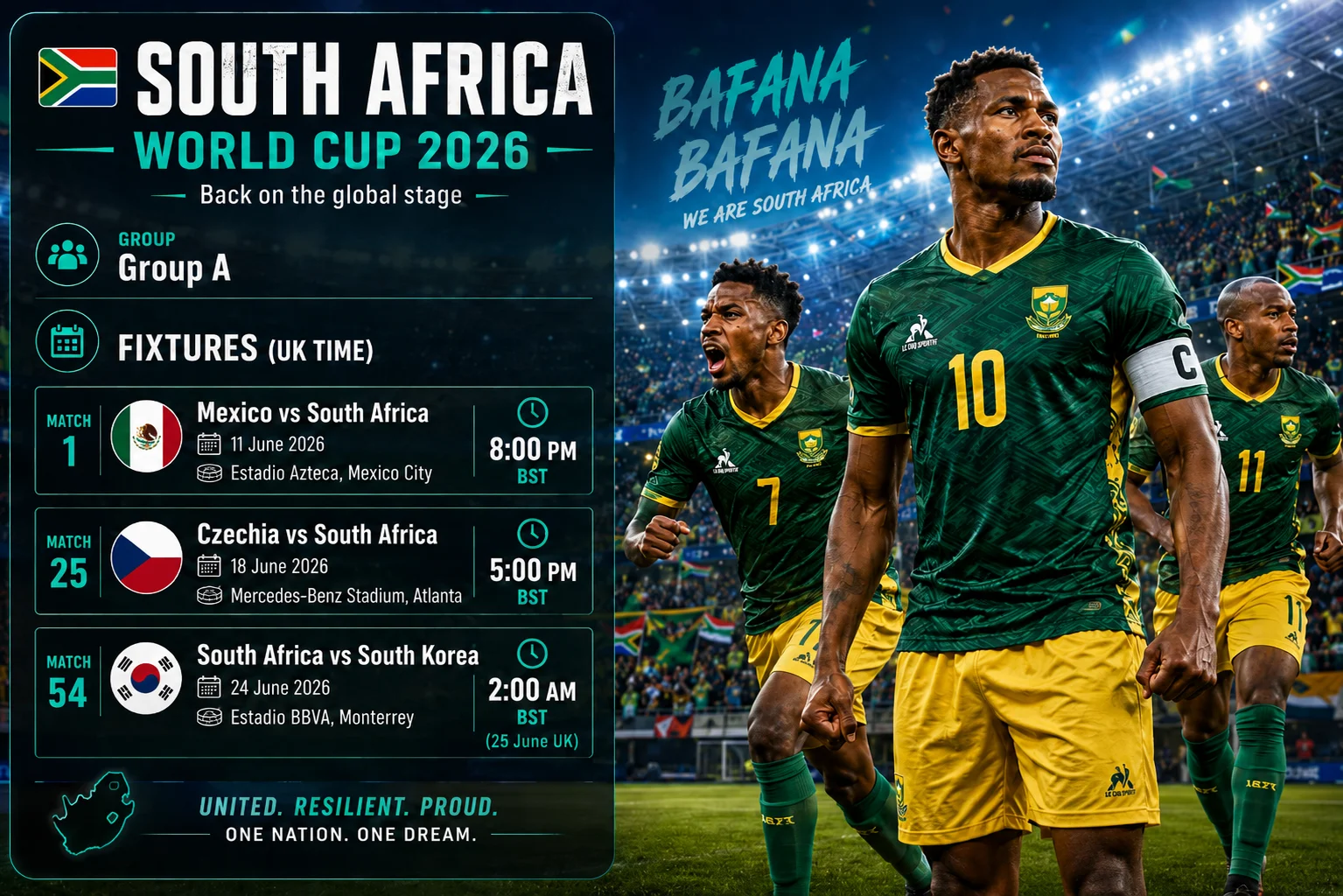 رسوم بيانية ترويجية تحتفل برحلة جنوب أفريقيا إلى كأس العالم FIFA 2026. نص عريض أبيض يقرأ "جنوب أفريقيا متحدة في السعي نحو المجد" مع عبارة "روح بافانا بافانا." ثمانية لاعبين في قمصان صفراء مع تفاصيل خضراء يسيرون من مشهد مدينة ساحلية يتميز بجبل الطاولة نحو ملعب حديث. تظهر على قمصانهم أسماء: موداو (2)، موديبا (14)، موكوانا (4)، زواني (11)، تاو (10)، فوستر (9)، كيكانا (20)، وويليامز (1). المشجعون يهتفون ويهزون الأعلام الجنوب أفريقية. يمتد الجدول الزمني من 1992 ("العودة إلى FIFA") إلى 2026 ("قوة كأس العالم FIFA الأساسية").