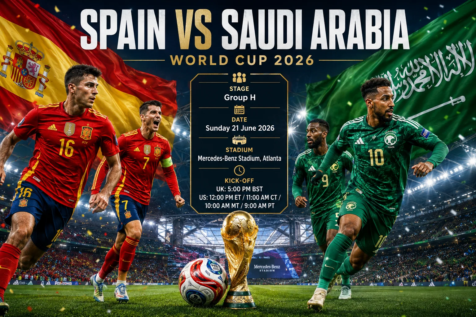 شاشة ترويجية لمباراة يوم المباراة لكأس العالم 2026 لمرحلة المجموعات تُظهر "إسبانيا ضد السعودية." الجانب الأيسر يُبرز لاعبًا إسبانيًا يرتدي قميصًا أحمر ضد خلفية حمراء تحمل شعار الاتحاد الإسباني لكرة القدم. الجانب الأيمن يظهر لاعبًا سعوديًا يحتفل في قميص أبيض ضد خلفية خضراء داكنة تحمل شعار الاتحاد السعودي لكرة القدم. كأس العالم الذهبية تجلس بينهم فوق تفاصيل المباراة: "20 يونيو | بوسطن، ماساتشوستس."