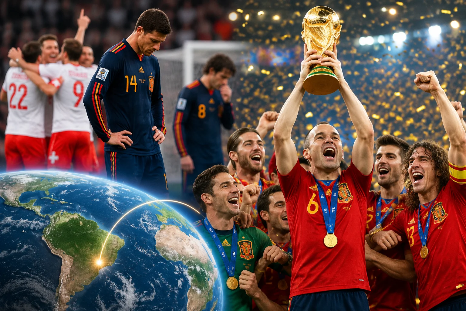 رسم بياني زاهٍ لكرة القدم يحتفل بفوز إسبانيا التاريخي في كأس العالم 2010. في المقدمة، يظهر كرة أرضية بارزة تكشف عن ضوء لامع يشير إلى جنوب أفريقيا، متصل بخط ذهبي منحني يمتد عبر المحيط الأطلسي من إسبانيا. على اليمين، يرفع أندريس إنييستا بكامله كأس كأس العالم الذهبية وسط شرائط ذهبية، محاطًا بزملاء يحتفلون مثل كارليس بيول. يتناقض هذا بشكل حاد مع الخلفية على اليسار، التي تلتقط صورة كئيبة لخابي ألونسو وهو ينظر لأسفل بخيبة أمل بعد خسارة إسبانيا في مباراتها الافتتاحية أمام سويسرا.