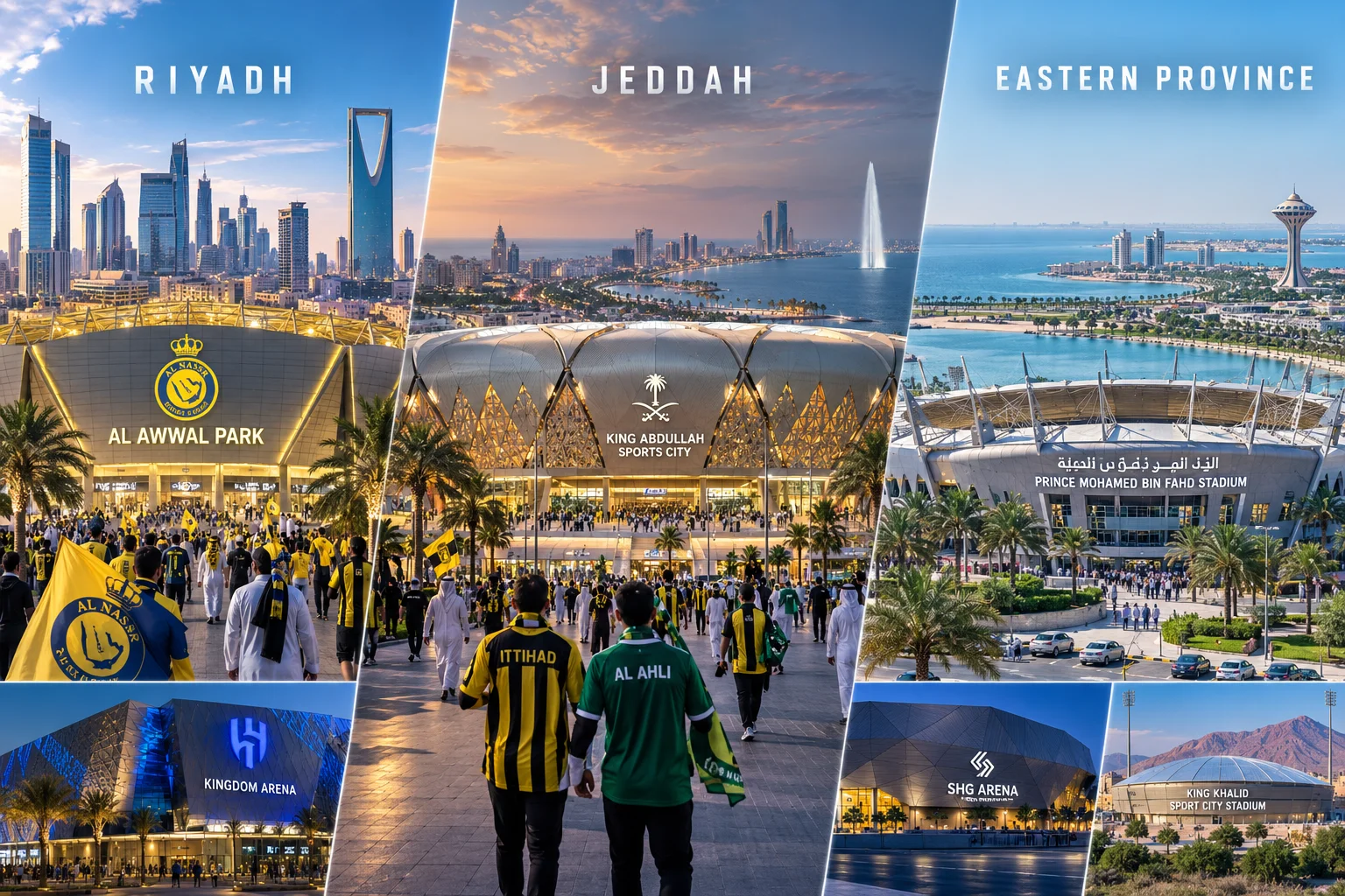 مجموعة من الصور توضح مواقع دوري المحترفين السعودي عبر الرياض وجدة والمنطقة الشرقية، بما في ذلك ملعب الأوال، مدينة الملك عبدالله الرياضية، ملعب الأمير محمد بن فهد، ملعب المملكة، ملعب SHG، ومدينة الملك خالد الرياضية.