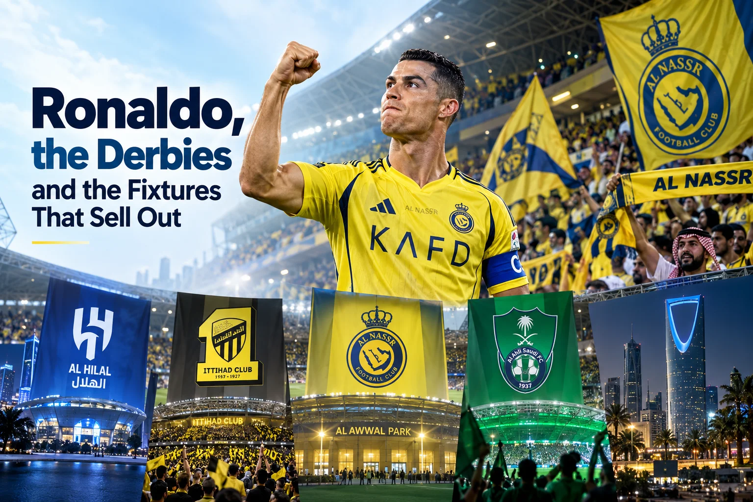 كريستيانو رونالدو في قميص النصر يحتفل أمام خلفية الاستاد، محاطًا بلافتات لنادي الهلال، نادي الاتحاد، نادي النصر، ونادي أهلي جدة، مع أفق مدينة الرياض أدناه.