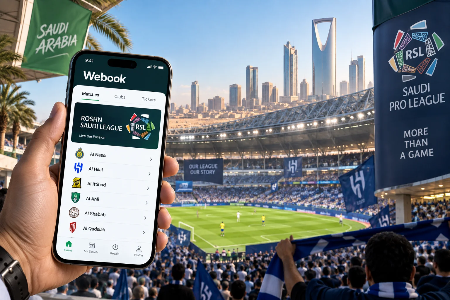 شخص يحمل هاتفًا ذكيًا يعرض تطبيق ويببوك مع قائمة فرق دوري المحترفين السعودي بما في ذلك النصر والهلال، مع خلفية ستاد كرة قدم مزدحم وأفق الرياض.