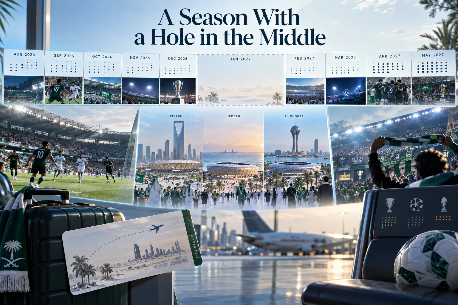 نظرة عامة جرافيكية بعنوان 'موسم به فجوة في الوسط' featuring a 2026–2027 calendar timeline, match imagery, and city views of Riyadh, Jeddah, and Al Khobar alongside luggage and stadium views.