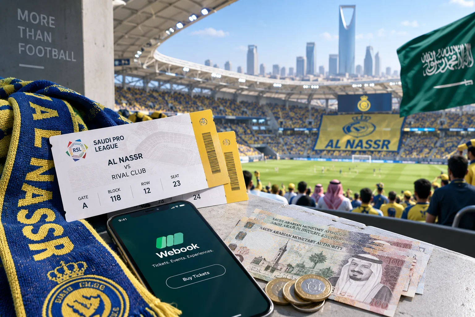 تذكرة دوري المحترفين السعودي لفريق النصر resting on a concrete ledge in a stadium alongside an Al Nassr scarf, a smartphone displaying the Weebook app, and Saudi Riyal cash.