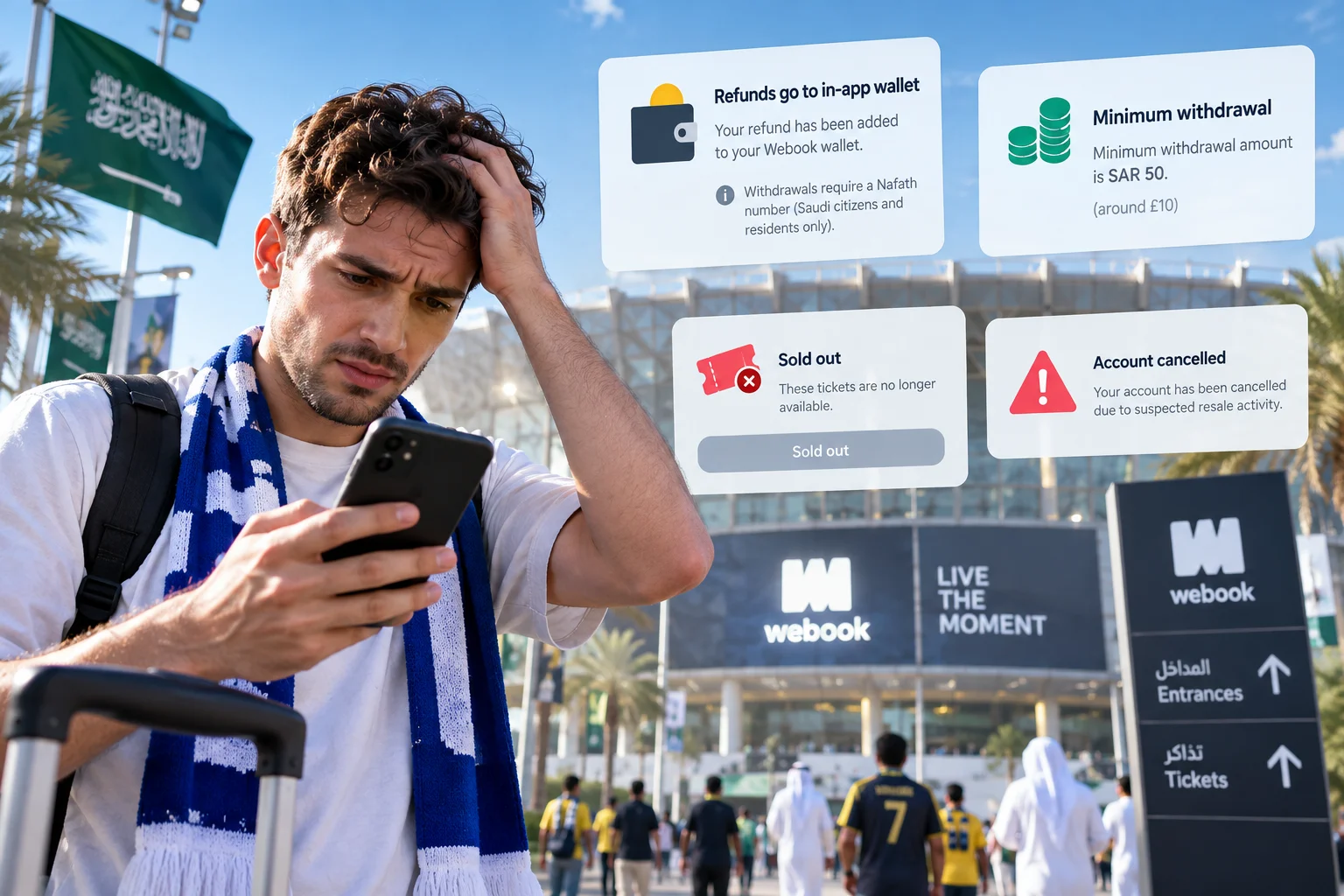 مشجع كرة قدم محبط يحمل هاتفًا ذكيًا خارج الاستاد، مع إضافة مربعات إشعارات توضح مشاكل حجز التذاكر مثل استردادات المحفظة داخل التطبيق، حدود السحب الدنيا 50 ريال سعودي، إشعارات نفاد التذاكر، وحسابات ملغاة.