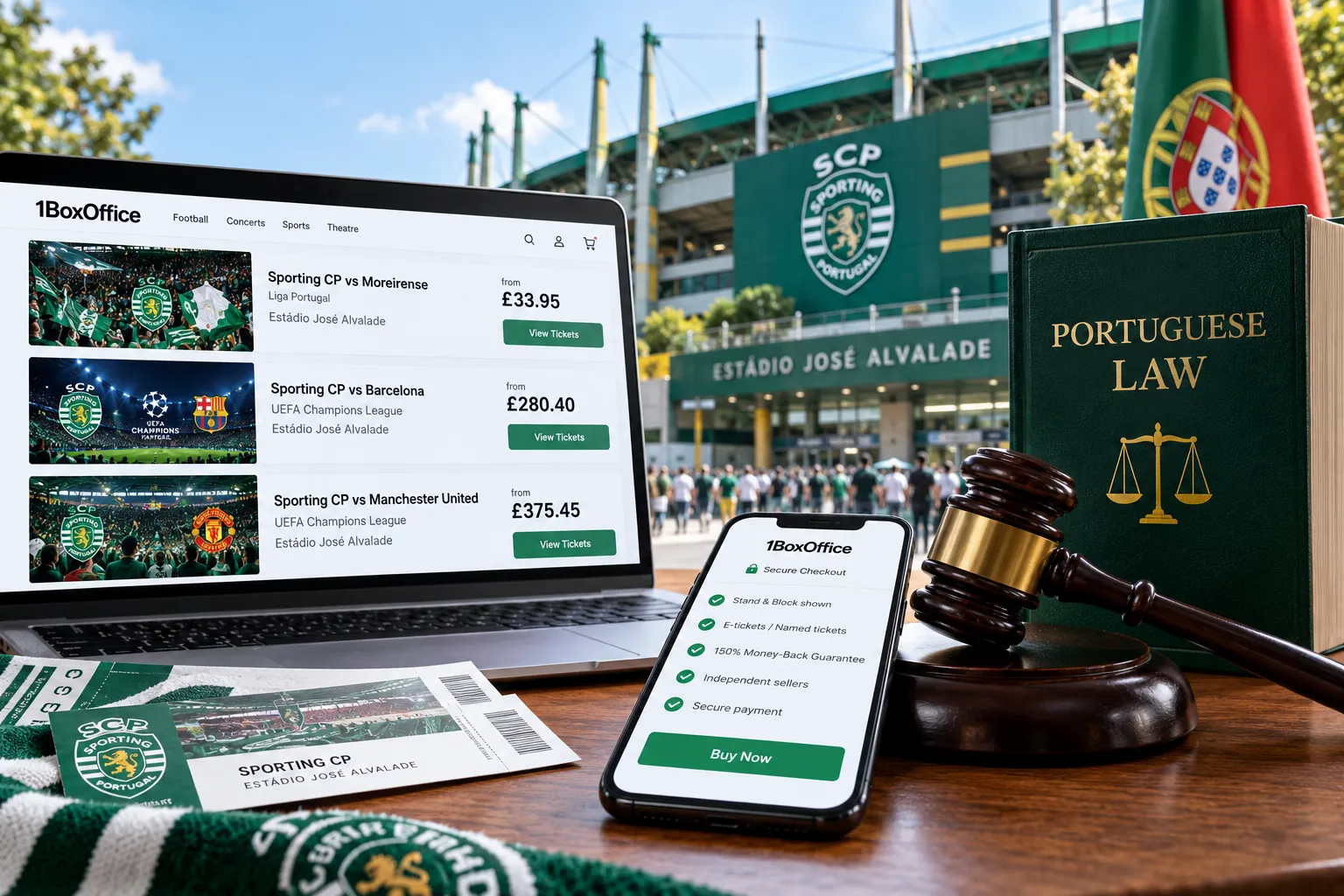 A laptop screen displaying Sporting CP ticket listings next to a mobile checkout page showing secure booking guarantees, set beside a wooden gavel, paper tickets, a Sporting CP scarf, and a book titled "Portuguese Law" outside Estádio José Alvalade.