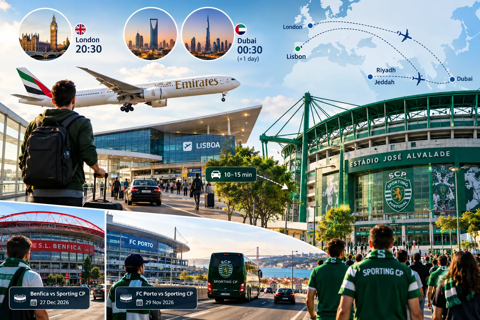 A collage illustrating travel to Sporting CP matches, featuring an traveler at Lisbon Airport near Estádio José Alvalade with a 10–15 minute drive indicator, flight route graphics connecting London, Riyadh, Jeddah, and Dubai, time zone clocks, and preview cards for away fixtures against S.L. Benfica and FC Porto.