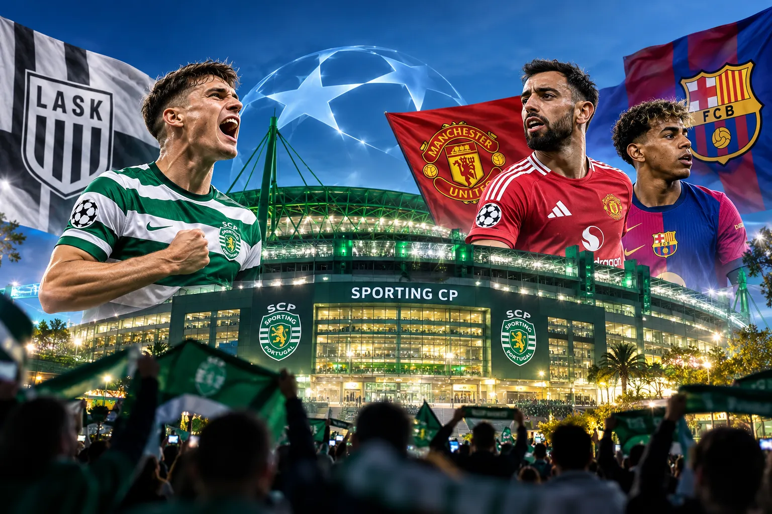 A composite graphic showcasing key Sporting CP matches featuring high-profile players and club logos against the backdrop of the illuminated stadium under UEFA Champions League stars.