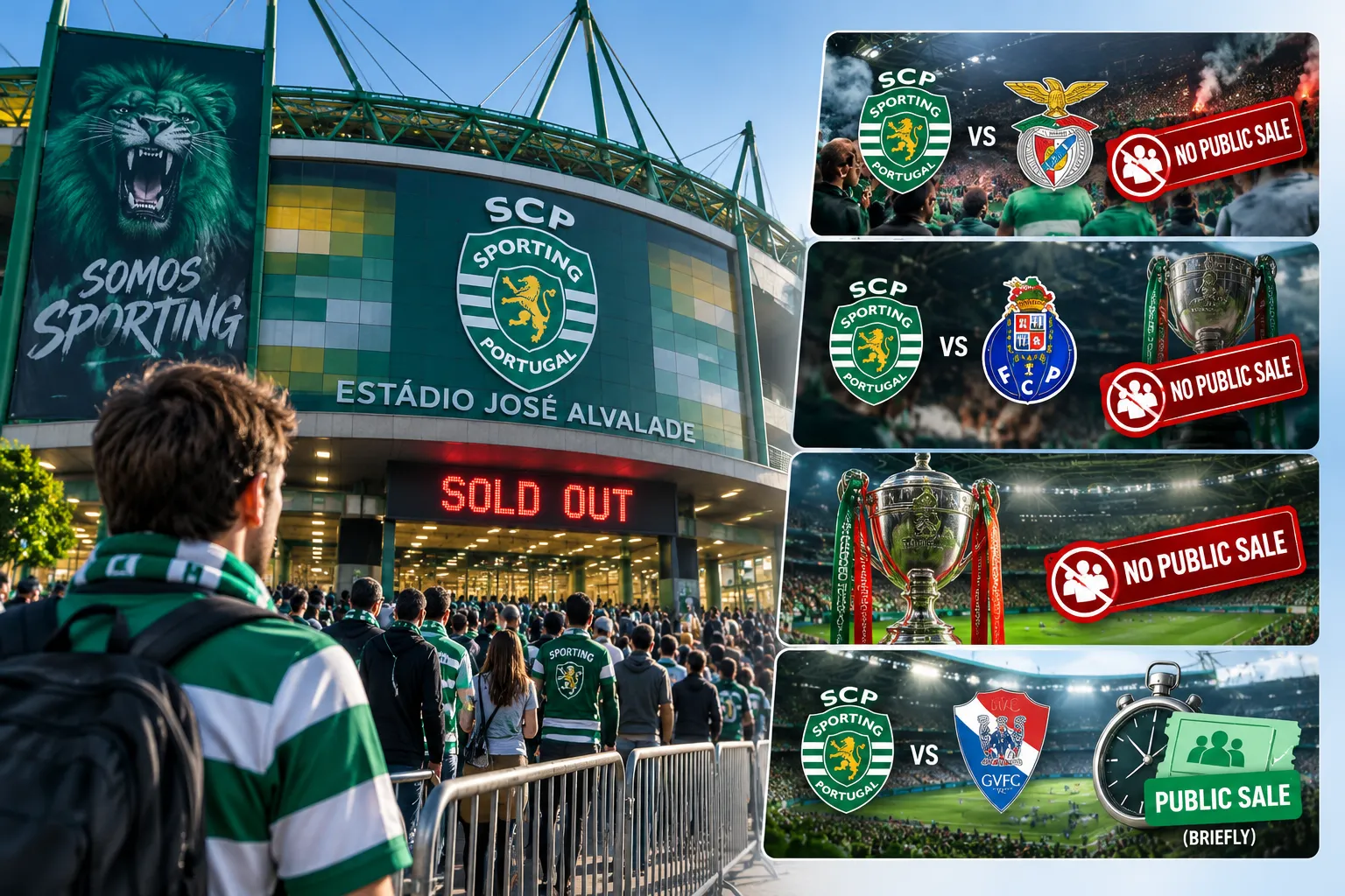 An image showing crowds outside the sold-out stadium entrance under a "Somos Sporting" banner, combined with inset graphics indicating "No Public Sale" status for high-profile matches (Benfica, Porto, cup finals) and brief public sales for standard fixtures.