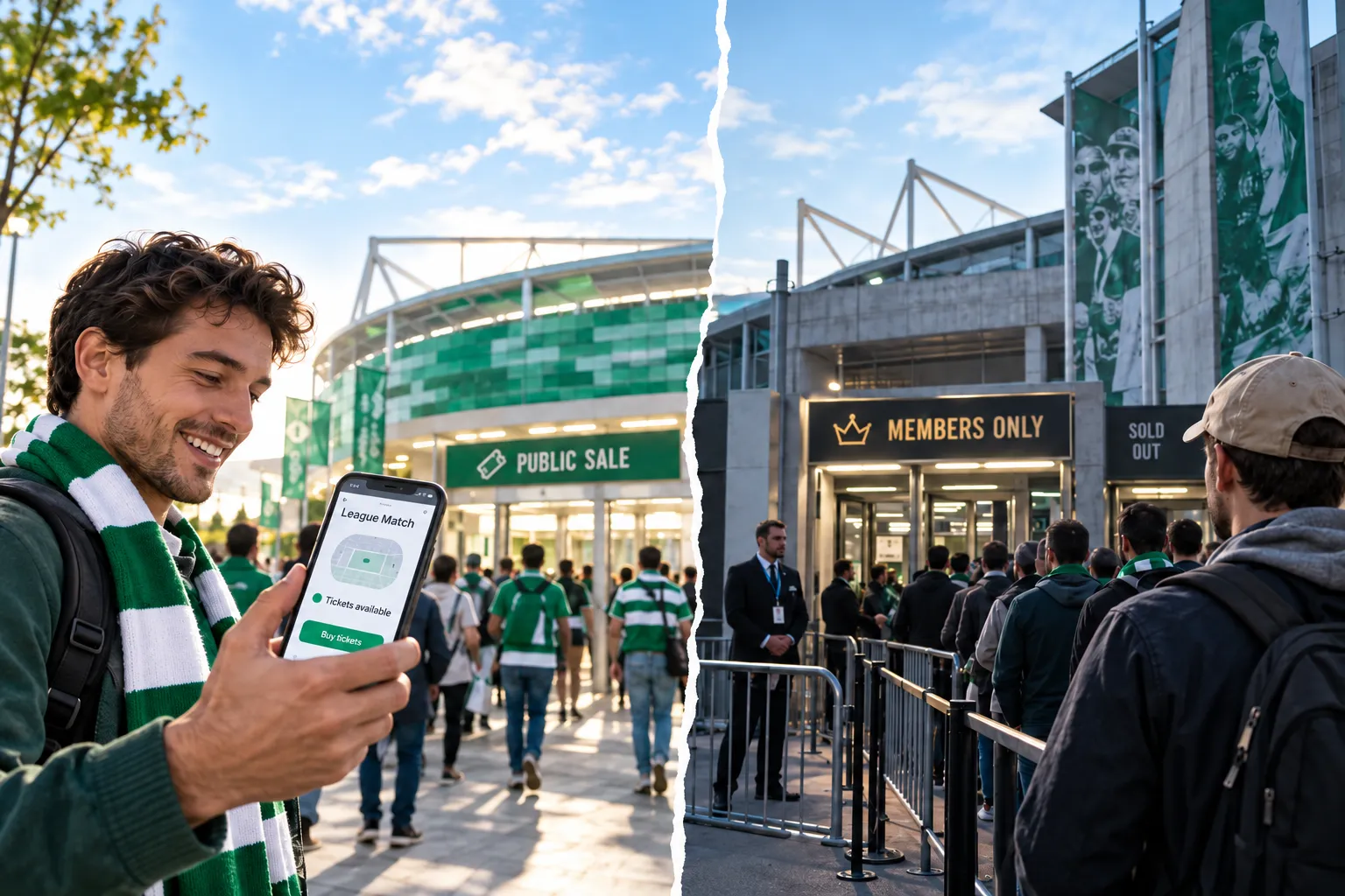 A split-screen comparison showing a smiling fan holding a phone displaying available public sale league match tickets on the left, and a long queue of fans waiting at a "Members Only" entrance gate on the right.