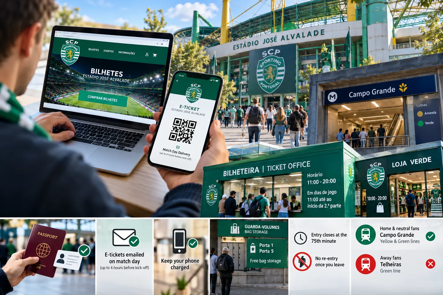 A guide showing digital ticket purchasing, e-ticket QR code on a smartphone, physical ticket office schedules at Estádio José Alvalade, and matchday requirements including passport verification, bag storage, and metro station access.