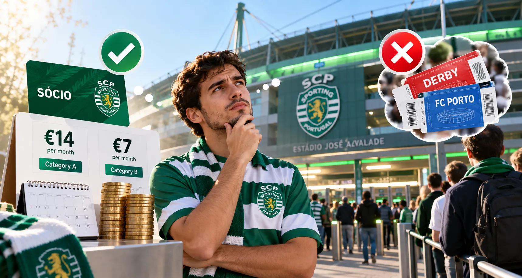 A male football fan in a green-and-white striped scarf weighing options between an official Sócio club membership subscription (€14/month for Category A or €7/month for Category B) versus high-demand derby match tickets marked with a red checkmark and cross icons.
