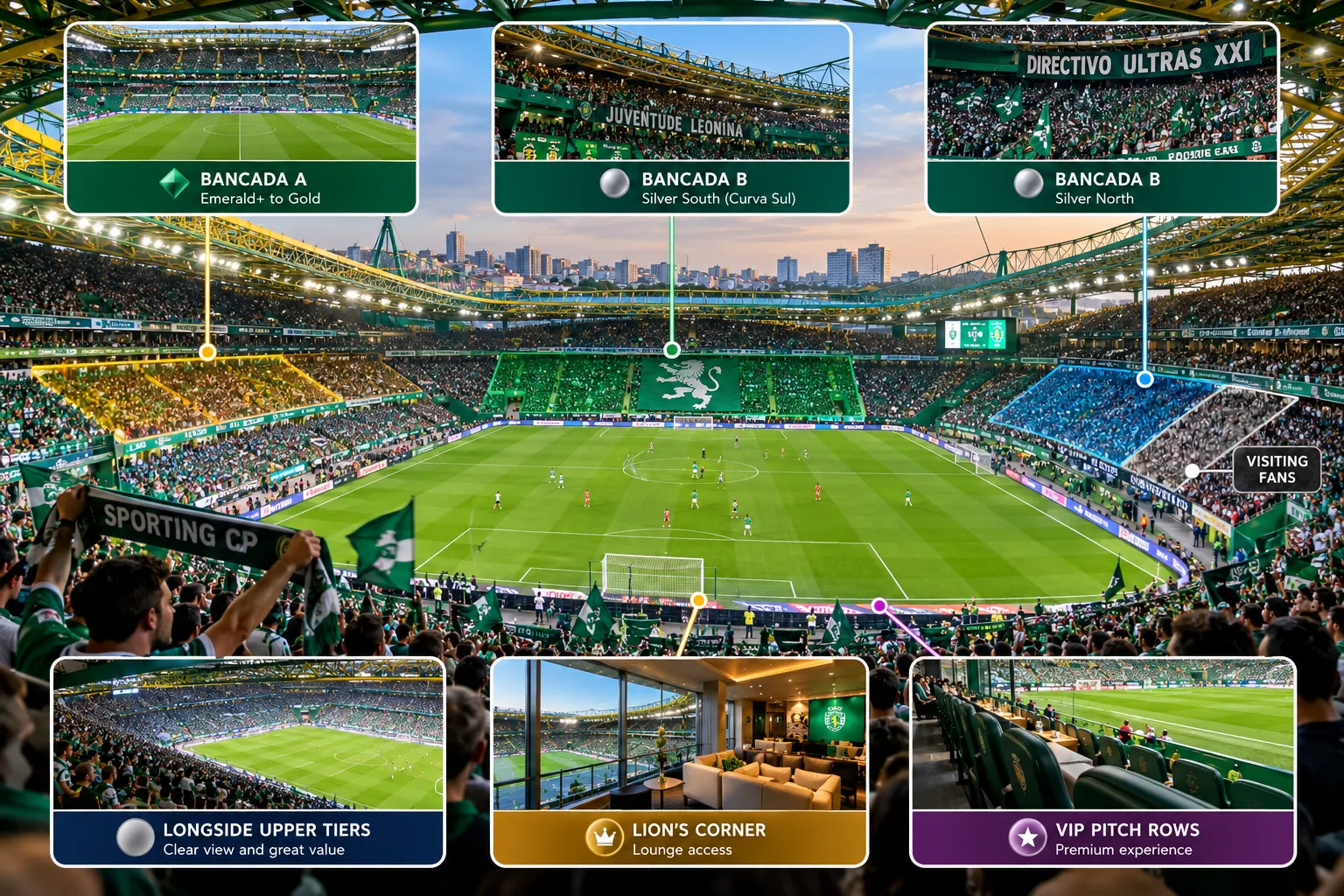 An overhead view of a crowded football stadium during a match, overlaid with labeled previews showing different seating areas: Bancada A (Emerald+ to Gold), Bancada B (Silver South / Curva Sul and Silver North), Longside Upper Tiers, Lion's Corner lounge, VIP Pitch Rows, and a designated section for visiting fans. 2.