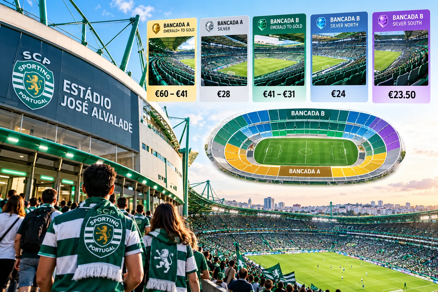 A seating price map of Estádio José Alvalade showing ticket price ranges across different stadium tiers, including Bancada A and B, from €23.50 to €60.
