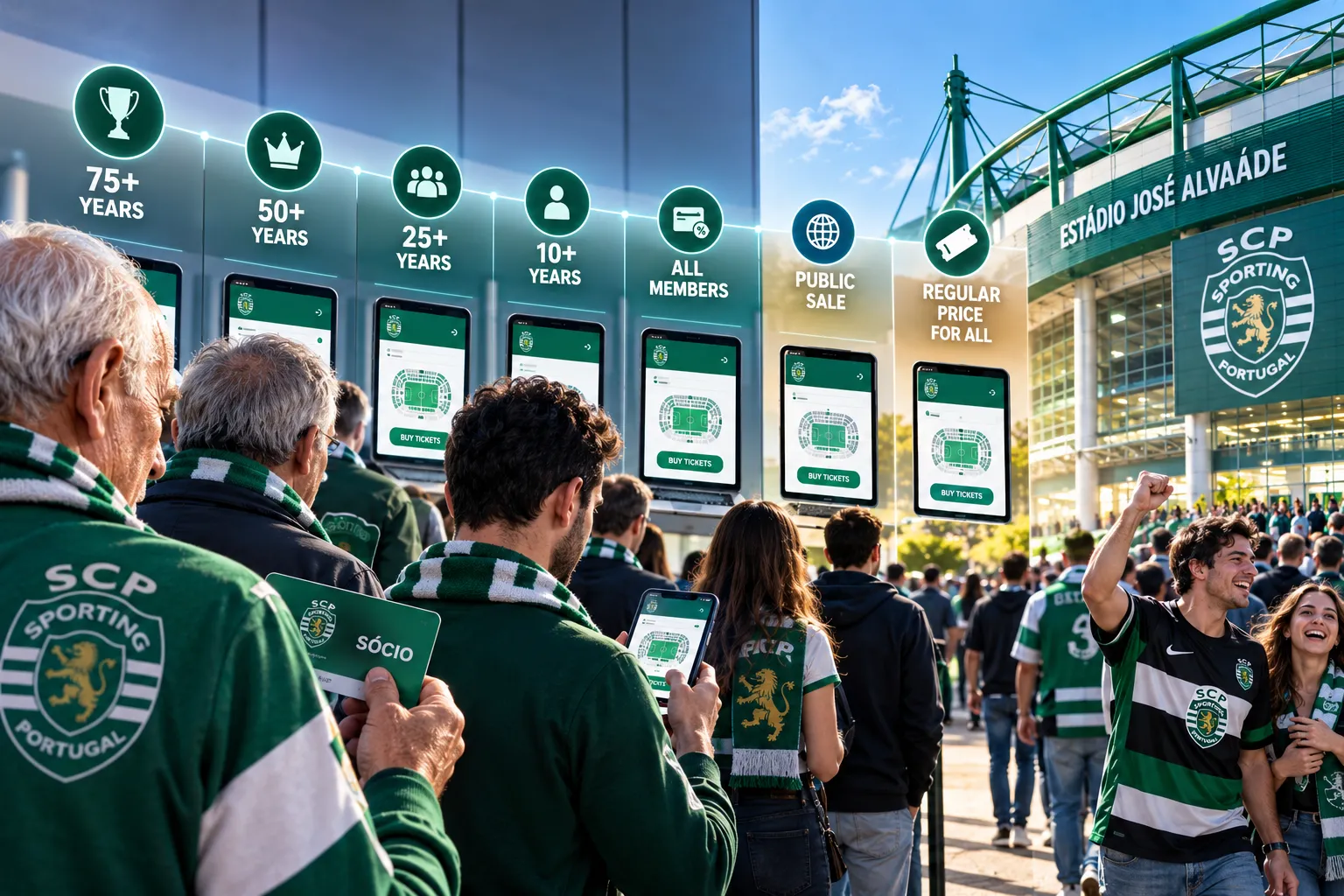 A visual timeline depicting ticket access priority phases outside the stadium, moving from senior members (75+ years, 50+ years, 25+ years, 10+ years) down to all members, public sale, and regular pricing for non-members.