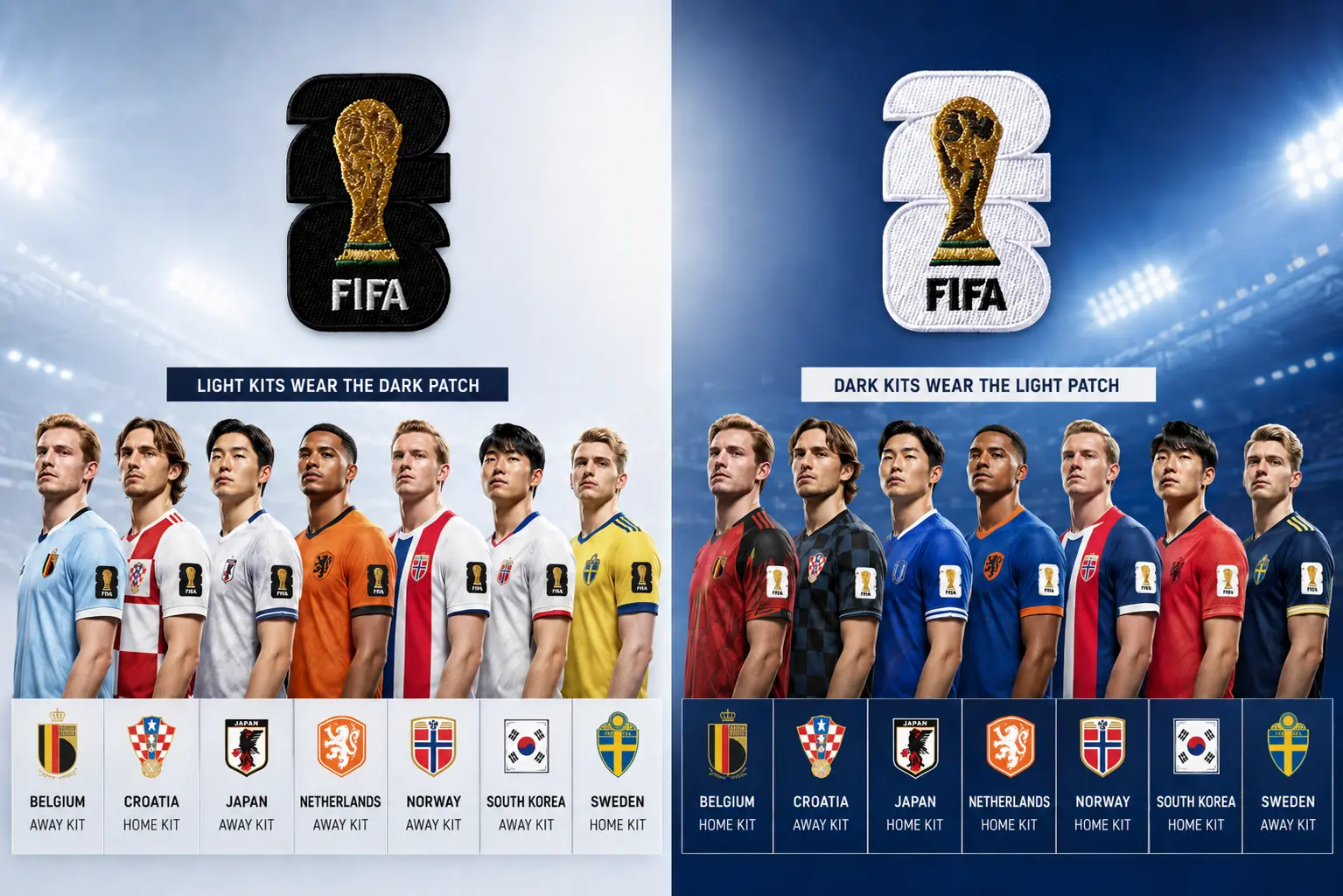 رسوم توضيحية ترويجية توضح قواعد الشارة القياسية لكأس العالم 2026 للدول غير البطل. يظهر الجانب الأيسر لاعبين من بلجيكا وكرواتيا واليابان وهولندا والنرويج وكوريا الجنوبية والسويد في قمصان بألوان فاتحة، مع عنوان يقول "القمصان الفاتحة ترتدي الشارة الداكنة" تحت شارة سوداء مستديرة. يظهر الجانب الأيمن نفس اللاعبين في قمصان داكنة، مع عنوان يقول "القمصان الداكنة ترتدي الشارة الفاتحة" تحت شارة بيضاء مستديرة مماثلة.