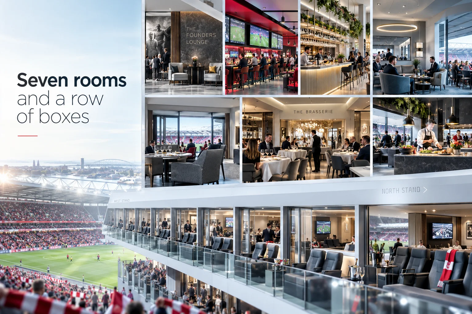 Grid collage titled 'Seven rooms and a row of boxes' displaying photos of Sunderland stadium lounges, dining areas, bars, and a view of executive box seating overlooking the football pitch.