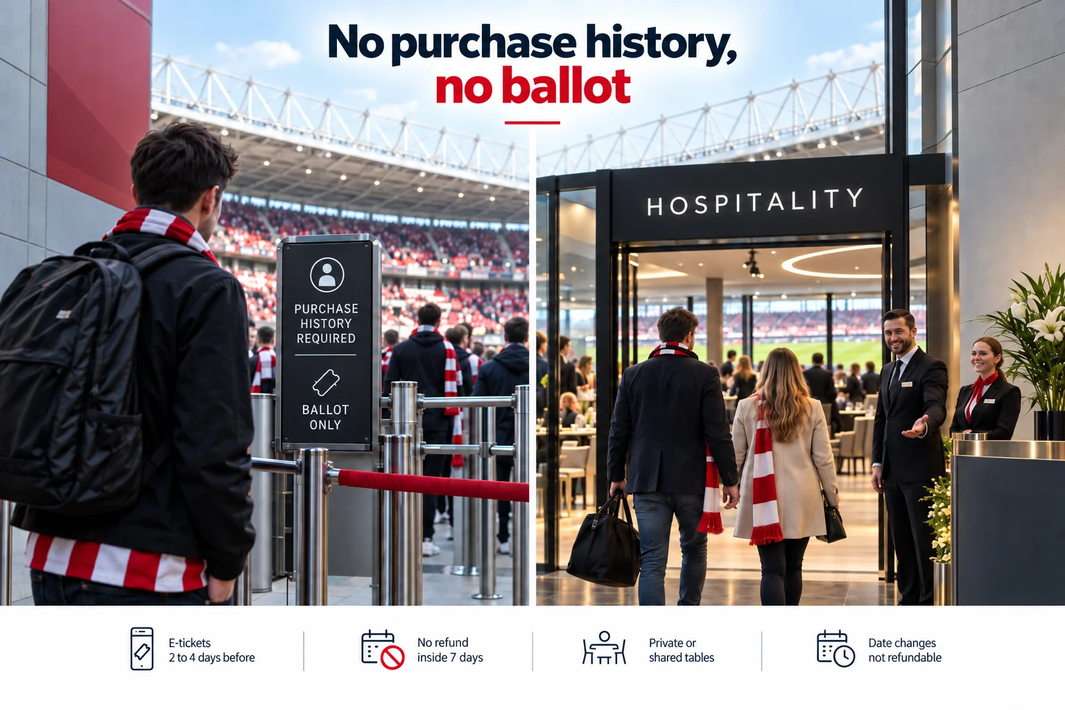 Split image contrasting regular stadium turnstiles requiring purchase history or ballots on the left with a welcoming, no-ballot hospitality lounge entrance hosted by staff on the right.